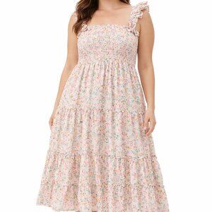 97% Cotton Floral Maxi Sundress with Ruffle Sleeves and Smocked Bodice Size L